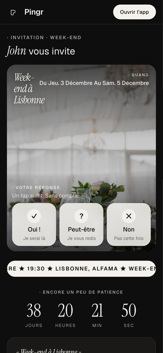 An event page: the cover, three answer tiles, the countdown